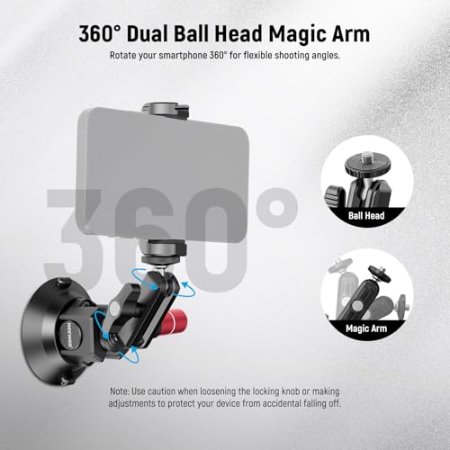 Neewer 3" Suction Cup Camera Mount Bracket with Ball Head Magic Arm, 1/4" ARRI Holes, Quick Release Car Mount with Phone Holder & Action Cam Adapter Compatible with iPhone DJI Insta360, CA104 - style: CA104