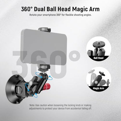 Neewer 3" Suction Cup Camera Mount Bracket with Ball Head Magic Arm, 1/4" ARRI Holes, Quick Release Car Mount with Phone Holder & Action Cam Adapter Compatible with iPhone DJI Insta360, CA104 - style: CA104