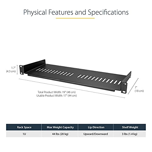 StarTech.com 1U Server Rack Shelf - Universal Vented Rack Mount Cantilever Tray for 19" Network Equipment Rack & Cabinet - Heavy Duty Steel - Weight Capacity 44lb/20kg - 7" Deep Shelf (CABSHELF1U7V) - size: 7", style: single