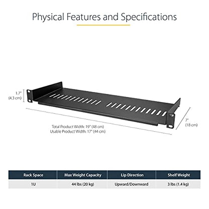 StarTech.com 1U Server Rack Shelf - Universal Vented Rack Mount Cantilever Tray for 19" Network Equipment Rack & Cabinet - Heavy Duty Steel - Weight Capacity 44lb/20kg - 7" Deep Shelf (CABSHELF1U7V) - size: 7", style: single