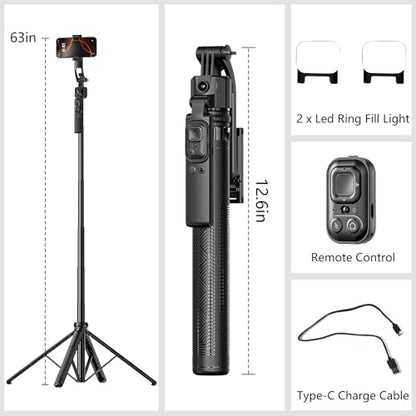 Auto Face Tracking Tripod with Light, 63" Foldable Selfie Stick for iPhone, Phone Tripod Stand with Remote, Phone Holder Tripod for TikTok Content Creator Vlog Video Recording - size: Tracking Tripod with 2 Square Light