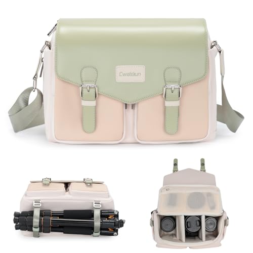 Cwatcun Camera Bag, Waterproof Flap Camera Crossbody Shoulder Messenger Case with Tripod Holder, Travel Photography Bag for Canon, Nikon, Sony, Fuji DSLR/SLR/Mirrorless Camera, Lens （Light Green）, L - color: Light Green, size: L