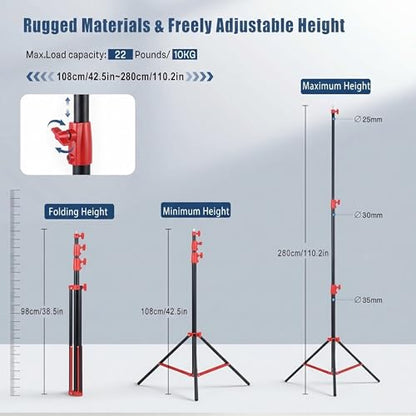 SH Light Stand Photography, 9.1ft/280cm Air Cushioned Studio Light Stand, Heavy Duty Metal Photo Video Tripod Stand with 1/4" to 3/8" Screw for Strobe, Camera, Ring Light, Softbox, Max Load 22lb/10kg - color: Red