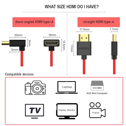 HDMI 8K 4K Cable for ATOMOS Ninja V Shinobi, Sony FX3 A7RV, Canon R5II Lumix Nikon Z6III, BMPCC6K, TV Computer Camera Monitor Gimbal FEELWORLD Portkeys SmallHD, Down Angled, 50cm Spiral - size: Down Angled to Straight