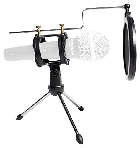 Rockville RTMS21 Desktop Tripod Microphone Stand, Adjustable Shock Mount, Double Nylon Pop Filter, Durable Lightweight Design, for Twitch Streaming and Podcasting