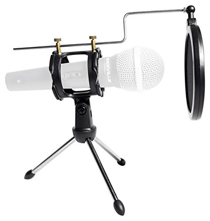 Rockville RTMS21 Desktop Tripod Microphone Stand, Adjustable Shock Mount, Double Nylon Pop Filter, Durable Lightweight Design, for Twitch Streaming and Podcasting