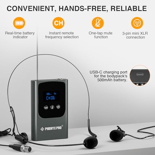 Phenyx Pro Dual Digital Wireless Microphone System, Portable Mini Receiver, 2x15 UHF Frequencies, 2 Bodypack Transmitters, Headset/Lapel Microphone for Singing, Karaoke (PDP-2-2B)