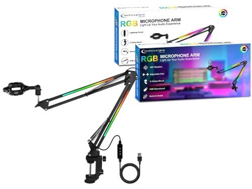 Technical Pro MKL2 Microphone Boom Arm Stand with LED Lighting - 27.6" Articulating Arm, 360° Rotation, Spider Shock Mount, C-Clamp - duoCo StripX App Control - 5V USB Power - 3.5 lb Capacity - Black
