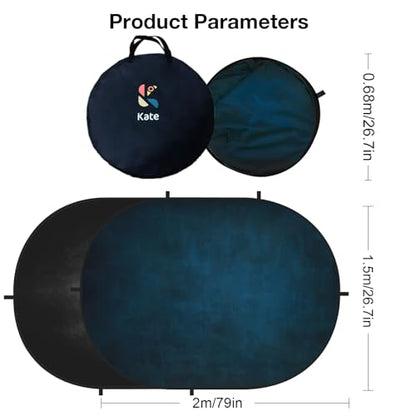 Kate 5x6.5ft(1.5x2m) Collapsible Backdrop Black Blue Texture Pop up Backgrounds Reversible Photography Backgrounds for Video Meetings