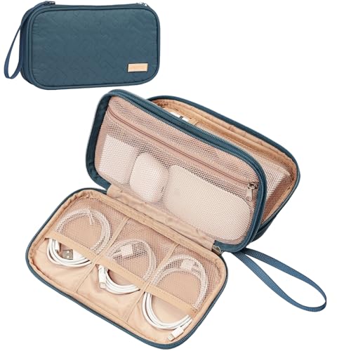 NISHEL Travel Cord Organizer Case, Double Layers Tech Electronic Bag, Essentials for Charger, Cable, Phone, Flash drive, Medium, Lake-Blue - color: Lake-Blue, size: Medium