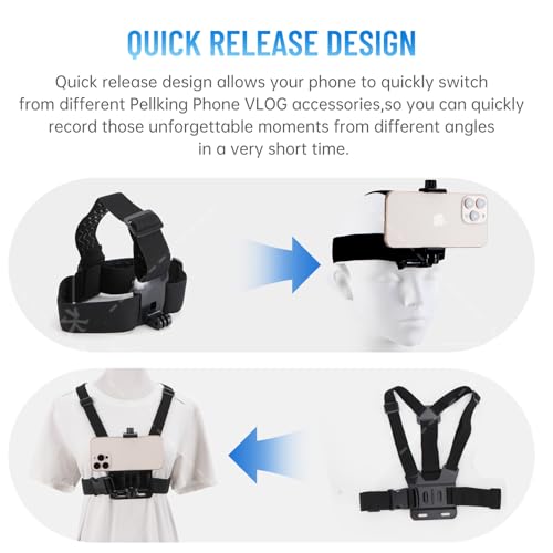 Mobile Phone Chest Strap Harness Mount Head Strap Holder Kit for POV/VLOG,Cell Phone Clip Compatible with iPhone,Samsung,GoPro Hero 9, 8,7, 6, 5, 4, 3,2, 1,AKASO,DJI Osmo,and Action Cameras