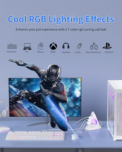 USB Hub 3.0, 7-Port USB Hub with RGB Night Light and Base, Vertical USB a Splitter for Desktop,Laptop, MacBook, Game Console, Flash Drive, XPS, PC, Printer, Camera, Keyboard（White+Base） - color: white