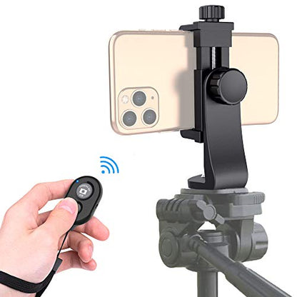 Universal Phone Tripod Mount Adapter with Ｗireless Camera Remote , Cell Phone Holder with Adjustable Clamp for Selfie Stick Monopod Compatible with iPhone, Samsung and so on , Wrist Strap Included - color: Black