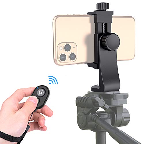 Universal Phone Tripod Mount Adapter with Ｗireless Camera Remote , Cell Phone Holder with Adjustable Clamp for Selfie Stick Monopod Compatible with iPhone, Samsung and so on , Wrist Strap Included - color: Black