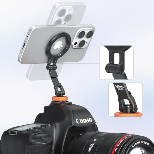 VRIG MG-28 Magnetic Phone Tripod Mount for Magsafe, Aluminum iPhone Tripod Mount Adapter with 1/4” Screw, 360° Cold Shoe Phone Holder for Camera, Compatible with iPhone 17/16/15/14/13/12 Series - size: MG-28