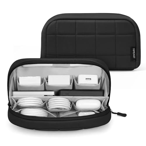 TOPEAST Quilted Cable Organizer Bag, Soft Tech Pouch & Travel Electronics Case with Elastic Pen Loop, Tangle-Free Cord Organizer for Women, Office Desk, AirPods, Chargers & Accessories, Black - color: Black