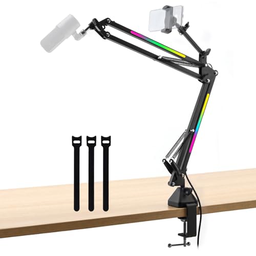 2 in 1 Microphone Arm Stand with Phone Holder, RGB Button Suspension Scissor Mic Boom Arm for Gaming/YouTube/Music Recording, 3/8" Desk Mount Clamp Metal Adjustable Mic Stand for Streaming Podcasting