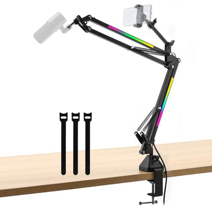 2 in 1 Microphone Arm Stand with Phone Holder, RGB Button Suspension Scissor Mic Boom Arm for Gaming/YouTube/Music Recording, 3/8" Desk Mount Clamp Metal Adjustable Mic Stand for Streaming Podcasting