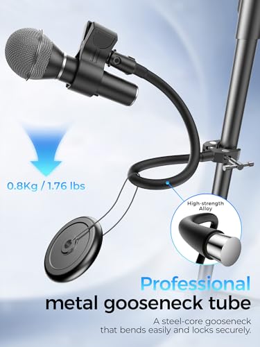 19.6" Steel Core Flexible Gooseneck Microphone Stand with 1/4" to 3/8" Adapter, Mic Clip & Super Crab Clamp, Desk/Pole Mount Compatible with Shure, Fifine, AT2020, Pyle, Razer, Blue Snowball