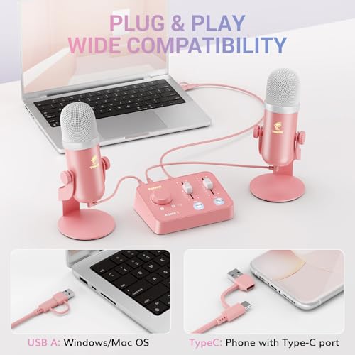 TONOR ASMR Microphone Equipment Bundle With Audio Interface, Immersive 3D Stereo, Dual Condenser Mics With Mixer, Clear Sound, Volume Control, Furry Windscreens, ASMR Starter Pack, Pink - color: Pink