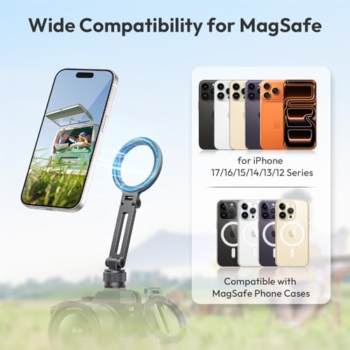 ULANZI Ungraded Magnetic Phone Tripod Mount for MagSafe, Aluminum Camera Phone Holder with 1/4" Screw & Cold Shoe,Carabiner Design, Compatible with iPhone 17/16/15/14/13/12 Series