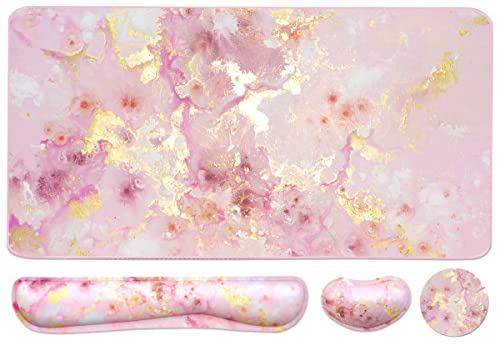 Keyboard Mouse Pad Set, Extended Mouse Pad+Keyboard Wrist Rest Support, Memory Foam Ergonomic Easy Typing, 3Pcs (35.4×15.7 in) Desk Pad Set for Home Office Study Game- Pink Gold Marble - color: Pink Gold Marble