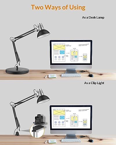 LEPOWER Metal Desk Lamp, Adjustable Goose Neck Architect Table Lamp with On/Off Switch, Swing Arm Desk Lamp with Clamp, Eye-Caring Reading Lamp for Bedroom, Study Room &Office (Black) - color: Black