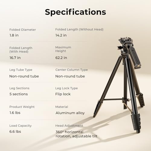 K&F CONCEPT Lightweight Camera Tripod for Phone, 16.7"(42.5cm) Folded with Quick Release Plate, Phone Holder & Strap, Max 62.2"(158cm) Height, 3kg Load, Camera Stand for Photography & DSLR/iPhone