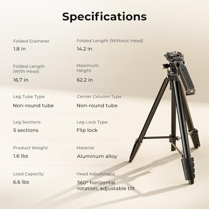 K&F CONCEPT Lightweight Camera Tripod for Phone, 16.7"(42.5cm) Folded with Quick Release Plate, Phone Holder & Strap, Max 62.2"(158cm) Height, 3kg Load, Camera Stand for Photography & DSLR/iPhone