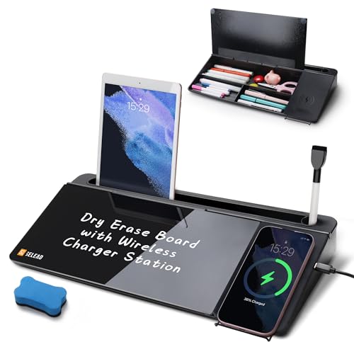 SELEAD Desktop Glass Whiteboard with Wireless Charger Station, Dry Erase Board Computer Pad Keyboard Stand with Organizer Drawer for Home, School, Office Desk Accessories, Black - color: Black Charger