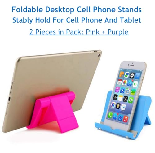 Cell Phone Stand for Desk 2 Pack Mobile Phone Holders Desktop Tablet Stand, Foldable Phone Dock Universal Adjustable Tablet Stand for Desk (Pink+Purple) - color: Pink+Purple