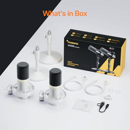 MAONO PD200W Hybrid Wireless Podcast Equipment Bundle for 2, XLR USB Dynamic Microphone Kit with 2 Desktop Stand, Software, Noise Cancellation, for Co-hosted, Podcasting, Content Creation,White - color: White