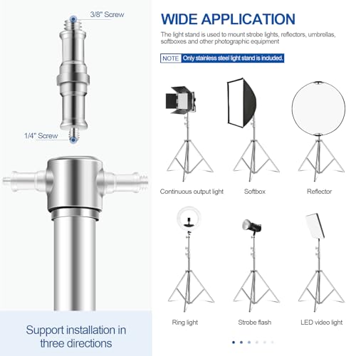 WELLMAKING Stainless Steel Photography Light Stand 9.2ft/280cm.Spring Cushioned Heavy Duty Tripod Stand with 1/4”to3/8” Screw Adapter and Tilt Swivel Mount for Strobe, Video Light,ring light,Monolight - size: 9.2ft