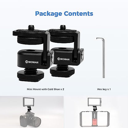 Moman Ball Head Cold Shoe Mount 1/4" Mini Adapter BH02 with 1/4"-20 Thread for Camera Microphone LED Video Light Monitor (2 Pack)