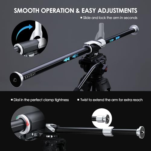 RAUBAY Tripod Extension Arm, Fixed Horizontal Boom Arm for Overhead & Top-Down Photography, Heavy-Duty Aluminum, 1/4" & 3/8" Mount, 26"–40" Adjustable for Camera, Light & Mic TE01