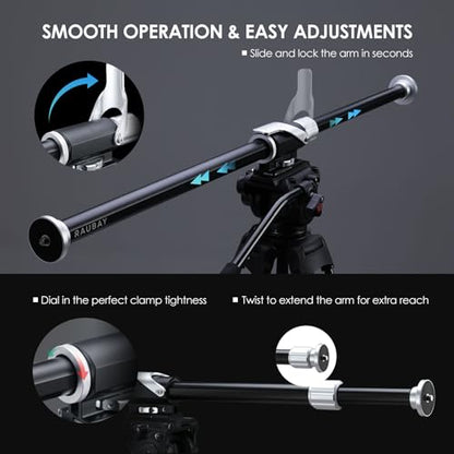 RAUBAY Tripod Extension Arm, Fixed Horizontal Boom Arm for Overhead & Top-Down Photography, Heavy-Duty Aluminum, 1/4" & 3/8" Mount, 26"–40" Adjustable for Camera, Light & Mic TE01
