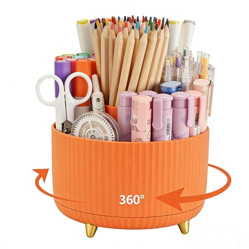 Camelmother 360°Rotating Pen&Pencil Holder For Desk With 5Slots Cute Office | Spacious Beautiful & Durable For Teachers Students Workers Easy Storage for Pens Stationery - color: orange