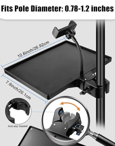 BILIONE Mic Stand Tray with Gooseneck Phone Holder, 10.6" X 7.8" Microphone Stand Tray Crab Clamp On Music Stand Floor Shelf Pole Mount, Karaoke Accessories - style: Tray with Phone Holder