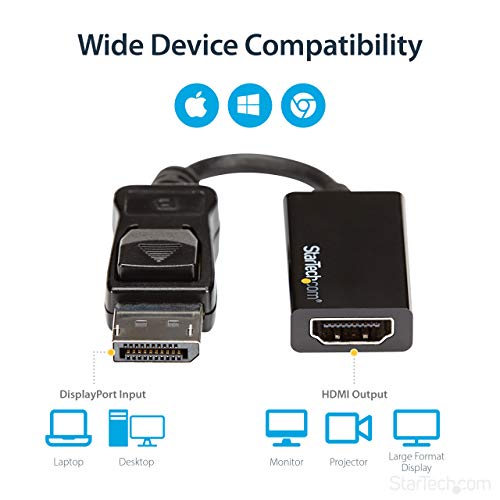 StarTech.com DisplayPort to HDMI Adapter - 4K 60Hz Active DP 1.4 to HDMI 2.0 Video Converter - DP to HDMI Monitor/TV/Display Cable Adapter Dongle - Latching DP Connector (DP2HD4K60S), Black | DP 1.4 to HDMI 2.0, 3840 x 2160, 4K 60Hz UHD, 7.1 audio, DPCP,