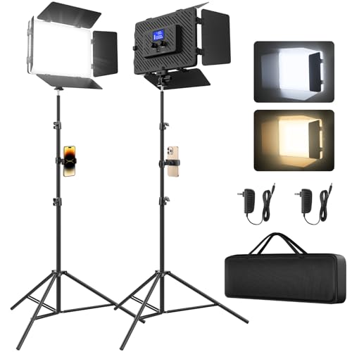 Unicucp 2 Pack Led Video Light Panel Light with Barndoor, 8000mAh Rechargeable Camera Light with 79'' Stand, Photo Studio Lighting kit for Video Recording Live Streaming Outdoor Indoor Photography