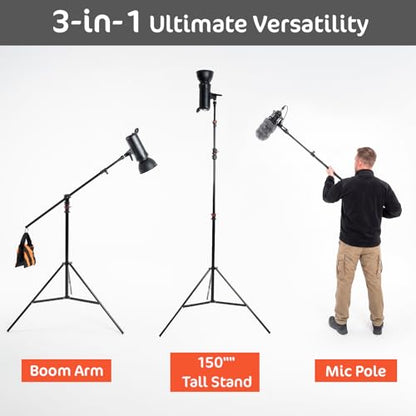 KATE Photography Light Stand with Boom Arm, 3-in-1 Heavy Duty Aluminum Alloy 12.5ft Tripod Stand with 2 Empty Sandbag, 11lbs Max Load for Video Light, Softbox, Strobe, Reflector, Camera