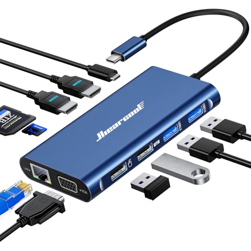 Hiearcool USB C Docking Station Dual Monitor, 11 in 1 Triple Display USB C Laptop Docking Station with 2 HDMI VGA, Type C Dongle Dock Compatible for Thunderbolt 3 4 Laptops - color: Navy Blue