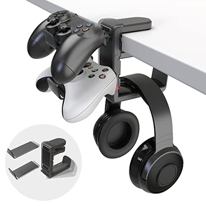 3-in-1 PC Gaming Headset&Controller Holder - EURPMASK Headphone Stand w/Adjustable Clamp&2 Controller Holder&Rotating Arm&Cable Organizer, Universal PC Gaming Accessory Controller Headset Stand-Black - color: Black