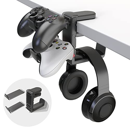 3-in-1 PC Gaming Headset&Controller Holder - EURPMASK Headphone Stand w/Adjustable Clamp&2 Controller Holder&Rotating Arm&Cable Organizer, Universal PC Gaming Accessory Controller Headset Stand-Black - color: Black