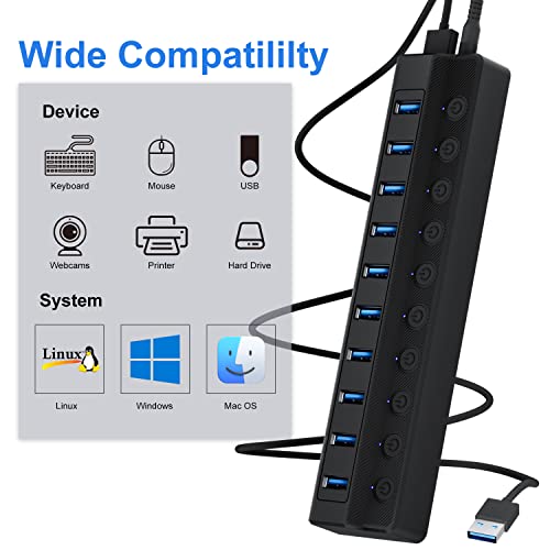 ONFINIO Powered USB Hub 3.0, 10-Port USB Splitter Hub with Individual On/Off Switches and 12V/2A Power Adapter USB Extension - style: 10 PORT 3.0