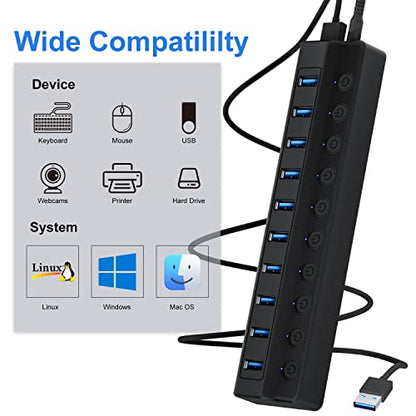 ONFINIO Powered USB Hub 3.0, 10-Port USB Splitter Hub with Individual On/Off Switches and 12V/2A Power Adapter USB Extension - style: 10 PORT 3.0