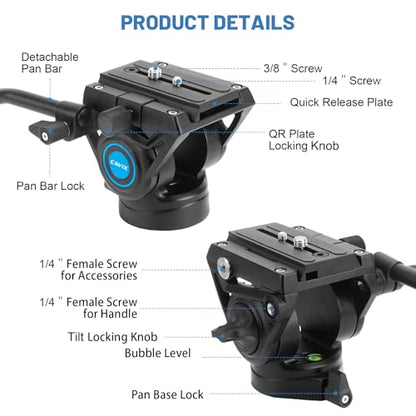 CAVIX Professional Fluid Drag Video Head, Smooth Pan & Tilt Control with Adjustable Drag, 3/8" & 1/4" Quick Release Plate, Max Load 13.2 lb/6 kg for DSLR, Mirrorless & Camcorder On Tripod/Monopod