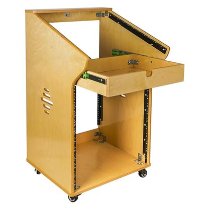 Sound Town DIY Solid Baltic Birch Plywood Recording Studio Rack, Audio Equipment Rack with 11U Slant Mixer Top,12U Front, 2U Drawer, Rubber Feet, Casters, Golden Oak (SDRK-M11X12) - size: 12U,Golden Oak