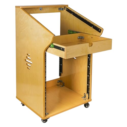 Sound Town DIY Solid Baltic Birch Plywood Recording Studio Rack, Audio Equipment Rack with 11U Slant Mixer Top,12U Front, 2U Drawer, Rubber Feet, Casters, Golden Oak (SDRK-M11X12) - size: 12U,Golden Oak