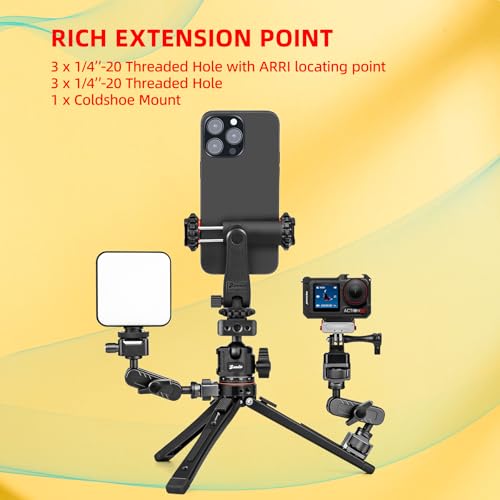 Zeadio Heavy Duty Metal Tripod Kit: with 360° Ball Head Mount, Phone Clip & Action Camera Adapter, 1/4" Screw Adapter Tripod Mount for iPhone/Android Smartphone, Vlog, Camera, Gimbal, Action Cam etc - style: Dual Cold-shoe Ball Head